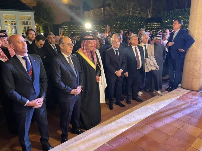 Saudi Deputy Foreign Minister Waleed Al-Khuraiji attends 2023 Spanish Super Cup ceremony at Spain’s embassy in Riyadh. (Twitter/@W_Elkhereiji)