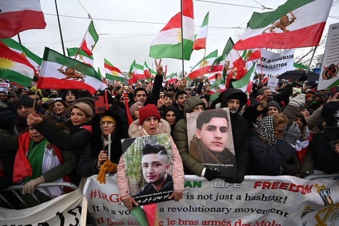 People take part in a rally against the Iranian regime in front of the European Parliament in Strasbourg, eastern France on January 16, 2023. (AFP)