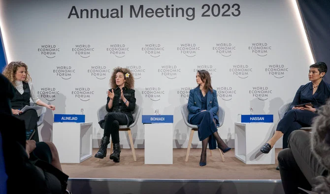 Rima Maktabi, Masih Alinejad, Nazanin Boniadi, and Tirana Hassan, speaking in the Women’s rights in Iran session at the World Economic Forum Annual Meeting 2023 in Davos-Klosters, Switzerland, 17 January. (WEF/Manuel Lopez)