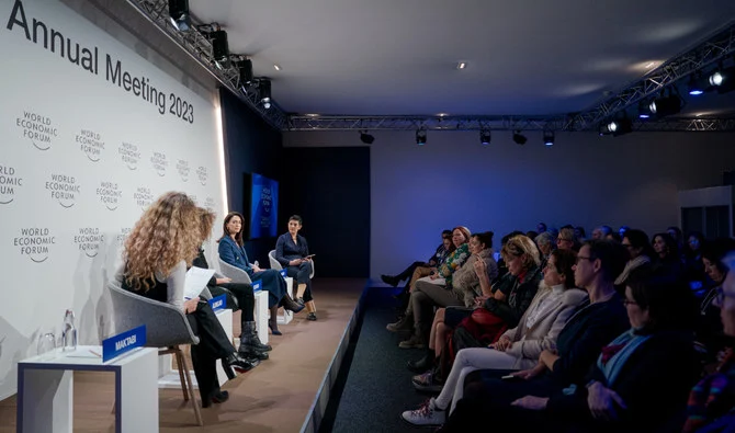 Rima Maktabi, Masih Alinejad, Nazanin Boniadi, and Tirana Hassan, speaking in the Women’s rights in Iran session at the World Economic Forum Annual Meeting 2023 in Davos-Klosters, Switzerland, 17 January. (WEF/Manuel Lopez)