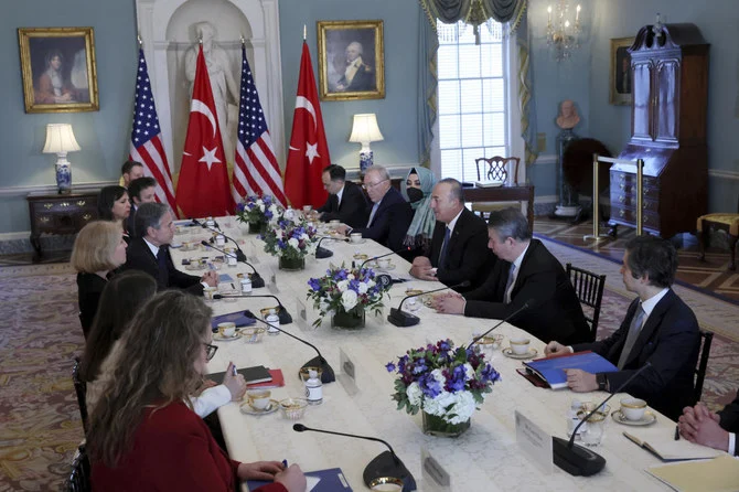 US Secretary of State Antony Blinken and Turkiye’s Foreign Minister Mevlut Cavusoglu meet at the State Department in Washington, Wednesday, Jan. 18, 2023. (AP Photo)