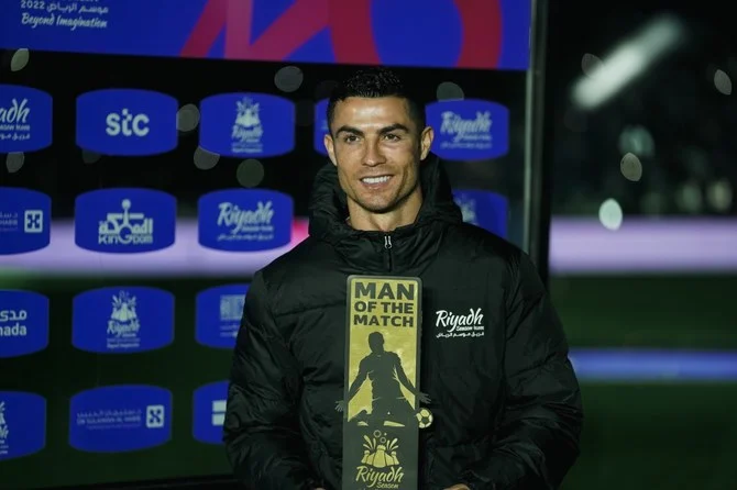 Cristiano Ronaldo led a Riyadh Season select XI of players chosen from Al-Hilal and his new club, Al-Nassr, against a Paris Saint-Germain team featuring Lionel Messi, Neymar and Kylian Mbappe. (AN Photo/Abdulrahman Shalhoub)