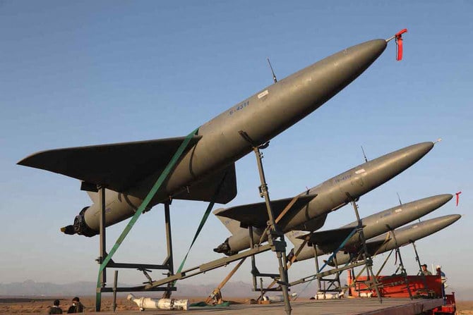 Iranian kamikaze drones ready for launch during a drill in Iran. (AFP)