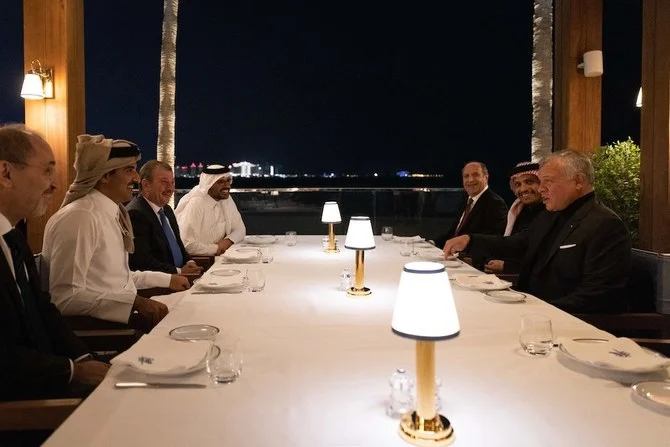 Jordan’s King Abdullah II meets with Qatari Emir Sheikh Tamim bin Hamad in Doha. (Twitter/RHCJO)