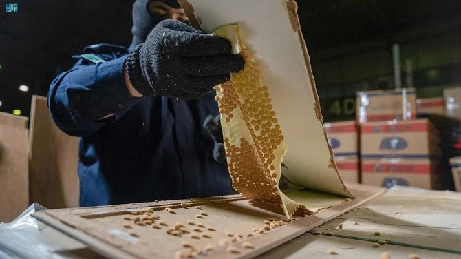 About 3 million Captagon pills were hidden in a consignment of wooden panels received from abroad at King Abdulaziz Port. (SPA)