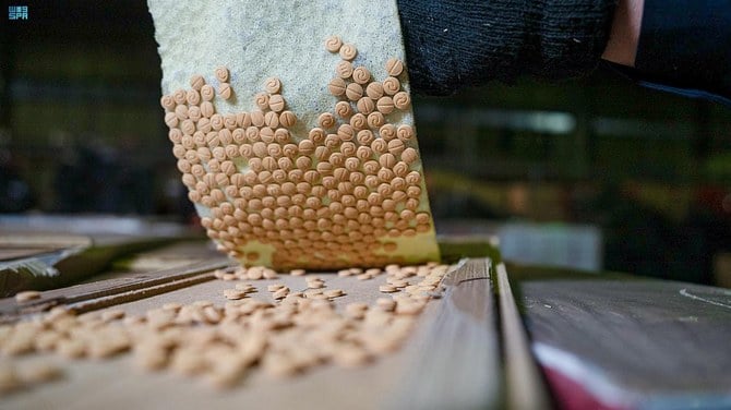 About 3 million Captagon pills were hidden in a consignment of wooden panels received from abroad at King Abdulaziz Port. (SPA)