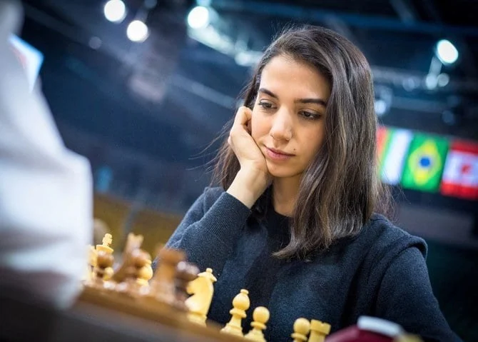 Iranian chess player Sara Khadem competes, without wearing a hijab, in FIDE World Rapid and Blitz Chess Championships in Almaty, Kazakhstan December 26, 2022. (Reuters)