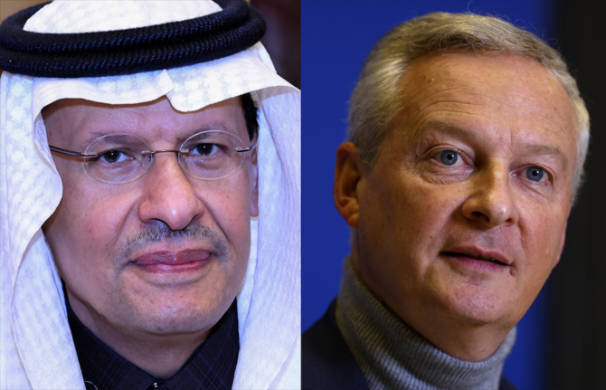 Saudi Minister of Energy Prince Abdulaziz bin Salman met with French Minister of Economy and Finance Bruno Le Maire in Riyadh. (File/AFP)