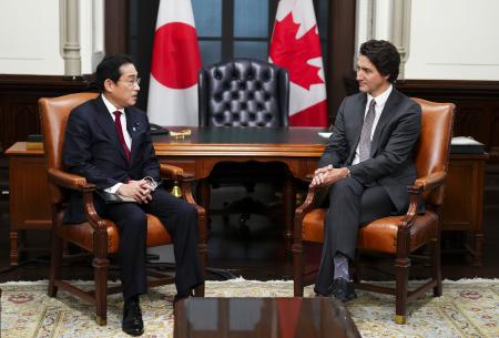 Prime Minister Justin Trudeau meets with Prime Minister of Japan Fumio Kishida on Parliament Hill in Ottawa on Thursday, Jan. 12, 2023. (AP)