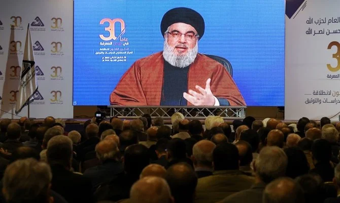Lebanon’s Hezbollah leader Sayyed Hassan Nasrallah makes an address via video link, Beirut, Lebanon, Jan. 19, 2023. (Reuters)