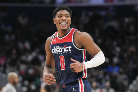 Washington Wizards forward Rui Hachimura (8) smiles after scoring against the Orlando Magic during the second half of an NBA basketball game, Saturday, Jan. 21, 2023, in Washington. (AP)