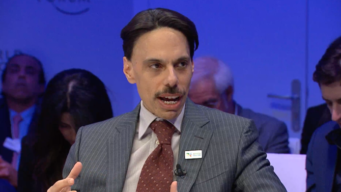 Saudi Arabia's FM Prince Faisal bin Farhan speaking on Wednesday at the World Economic Forum. (Screenshot/WEF)