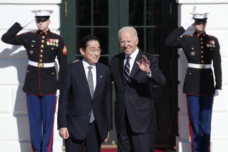 President Joe Biden greets Japanese Prime Minister Fumio Kishida on the South Lawn of the White House in Washington, Friday, Jan. 13, 2023. (AP)