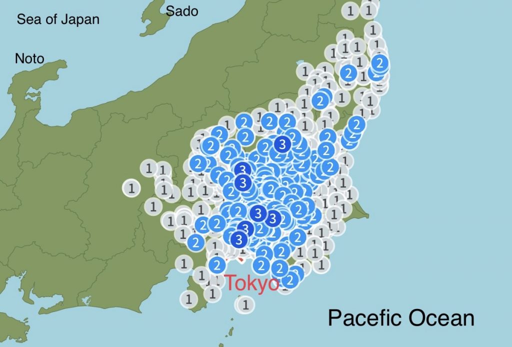 An earthquake struck the Tokyo region on Sunday evening. (JMA)