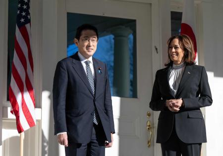 US Vice President Kamala Harris greets Japanese Prime Minister Fumio Kishida prior to a breakfast meeting at the Vice President’s Residence at the Naval Observatory in Washington, DC, January 13, 2023. (AFP)