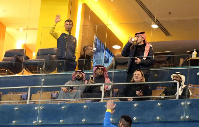 Al Nassr’s Cristiano Ronaldo acknowledges fans during the match against Al Tai, Mrsool Park, Riyadh, Saudi Arabia, Jan. 6, 2023. (Reuters)