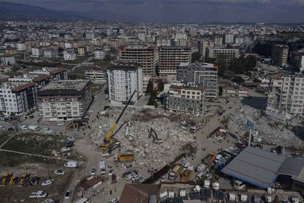 This aerial view shows a collapsed building during ongoing rescue operation in Hatay, southeastern Turkey, Feb. 10, 2023. (AFP)