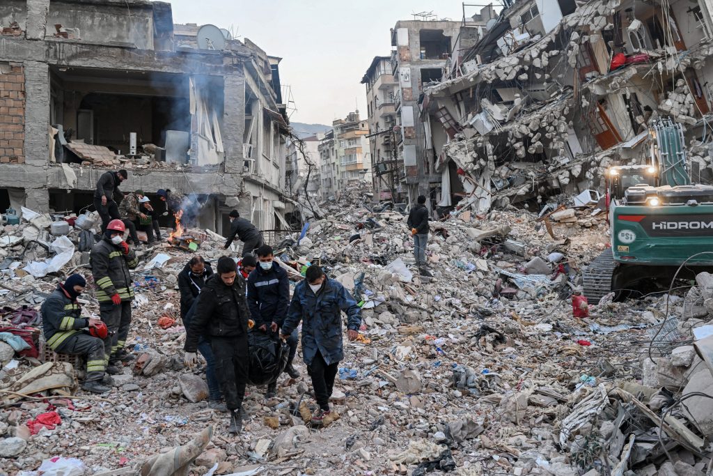 This aerial view shows collapsed buildings during ongoing rescue operations in Kahramanmaras, southeastern Turkey, Feb. 14, 2023. (AFP)