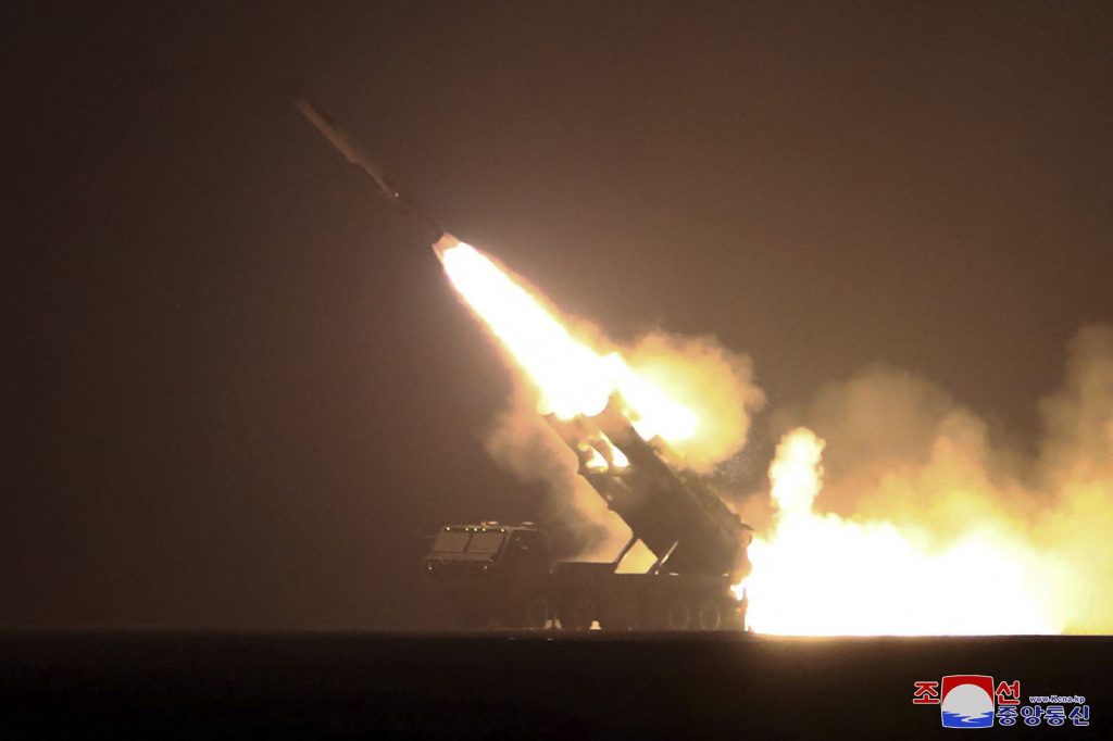 This photo taken on February 23, 2023 and released by North Korea's official Korean Central News Agency (KCNA) on February 24 shows strategic cruise missile Hwasal-2 launching from a platform during a drill in the area of Kim Chaek City in North Hamgyong Province. (AFP)