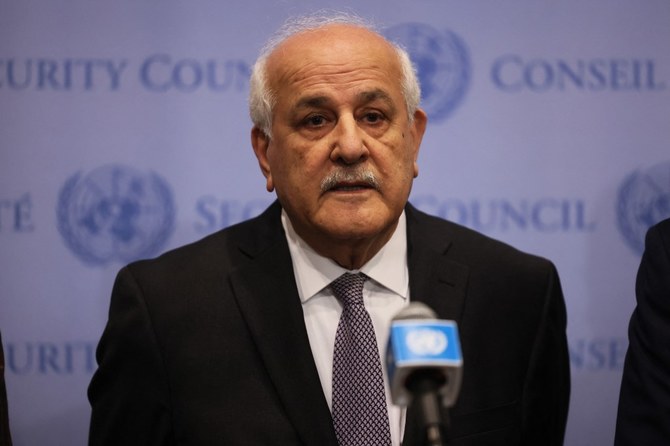 Riyad Mansour speaks at a press conference after a UN Security Council meeting. Feb. 20, 2023 (File/AFP)