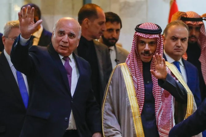 Saudi Arabia’s foreign minister, Faisal bin Farhan Al-Saud, met with Iraq's foreign minister Fuad Hussein. (AFP)