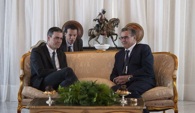 Morocco Prime Minister Aziz Akhannouch receives Spanish Prime Minister Pedro Sanchez at Rabat-Sale Airport in Rabat, on Feb. 1, 2023. (AP)