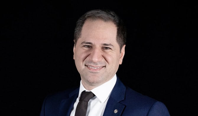 Head of the Lebanese Phalanges (Kataeb) Party Sami Gemayel poses during a studio photoshoot at the partyís headquarters in the capital Beirut on March 2, 2022. (AFP)
