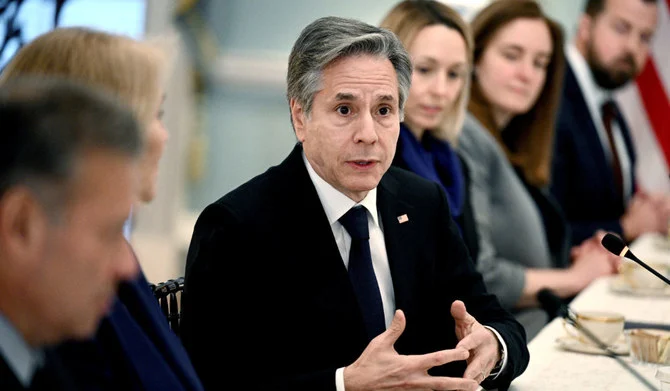 US Secretary of State Antony Blinken speaks during a meeting with Austrian Foreign Minister Alexander Schallenberg, not pictured, in the Thomas Jefferson Room of the US State Department in Washington, DC, on February 7, 2023. (REUTERS)