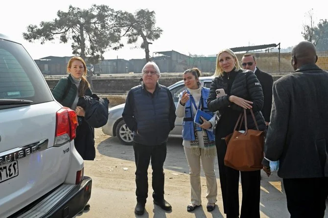 Martin Griffiths, UN Under-Secretary General for Humanitarian Affairs and Emergency Relief, visits the affected neighbourhoods in the city of Aleppo on February 13, 2023 following a devastating 7.8-magnitude earthquake rocked Turkiye and Syria. (AFP)