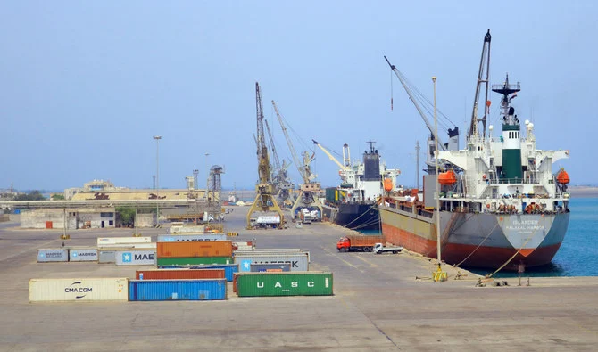 A picture taken on May 28, 2022, shows loading docks at the Houthi-controlled western port of Hodeidah. (AFP/File)