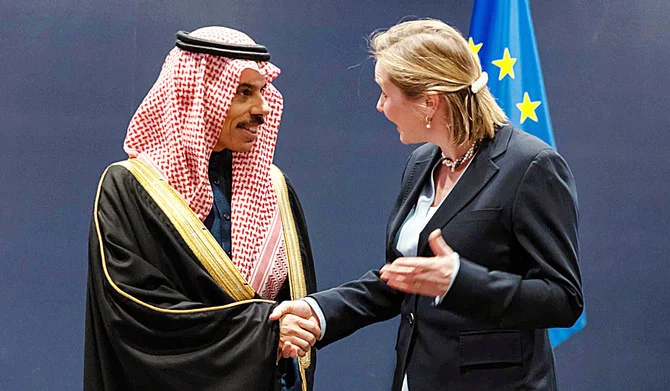 Prince Faisal bin Farhan meets with Delphine Pronk in Brussels. (SPA)