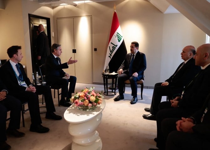 US Secretary of State Antony Blinken meets Iraqi Prime Minister Mohammed Al-Sudani during the Munich Security Conference. (Twitter/@SecBlinken)