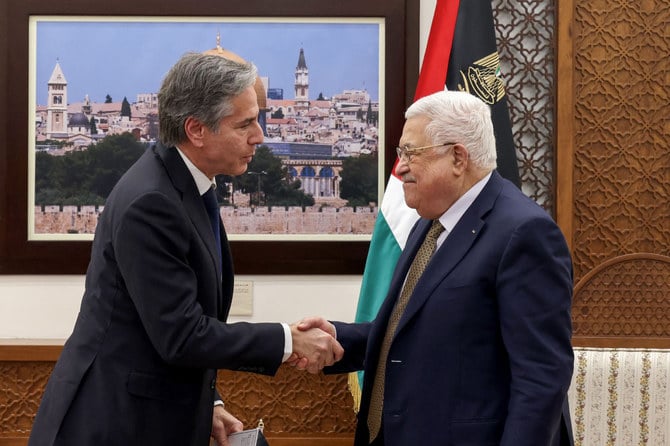 In this file photo taken on January 31, 2023 Palestinian President Mahmud Abbas (R) and US Secretary of State Antony Blinken meet in Ramallah in the occupied West Bank. (AFP file)