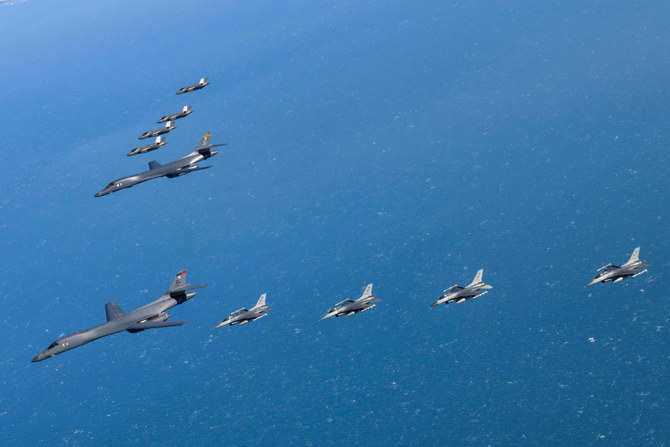 US and South Korean fighters jets and bomber aircraft fly over South Korea Peninsula during a joint air drill on Feb. 19, 2023. (AFP/South Korean Defense Ministry)