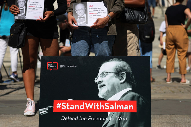 New York literary community gathered in solidarity with Salman Rushdie a week after he was stabbed multiple times while giving a talk at the Chautauqua Institution. (File/AFP)