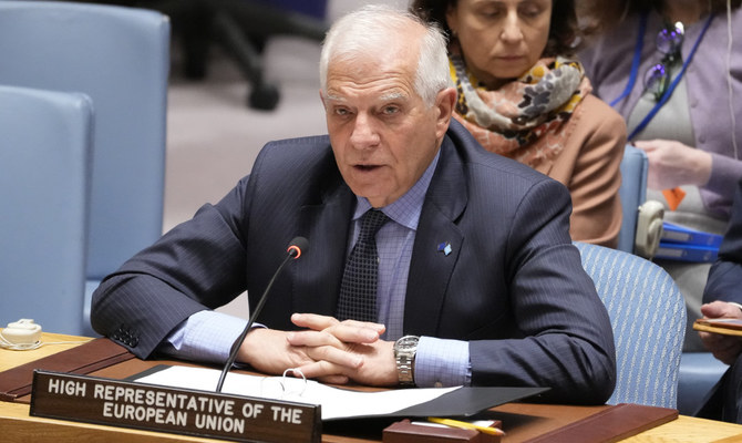 Josep Borrell, Vice-President of the European Commission and High Representative of the European Union for Foreign Affairs and Security Policy, speaks during a Security Council meeting, Thursday, Feb. 23, 2023, at United Nations headquarters. (AP)