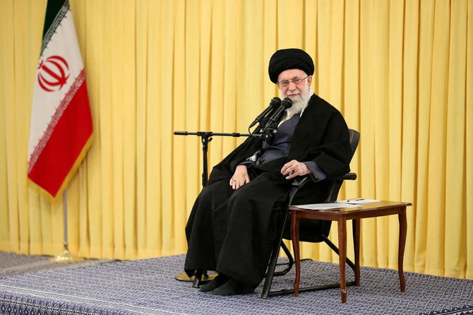 Iran's Supreme Leader Ayatollah Ali Khamenei speaks during a meeting with a group of girls who reached the age of puberty in Tehran, Iran February 3, 2023. (Office of the Iranian Supreme Leader/WANA (West Asia News Agency)/Handout via Reuters)