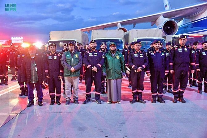 The fourth and fifth planes, carrying rescue teams and equipment including tools, pumps and medical supplies, landed at the Gaziantep airport in Turkiye. (SPA)