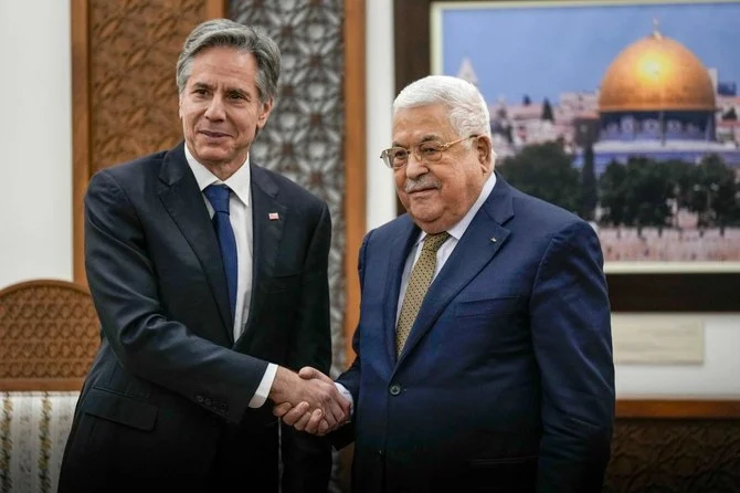 Palestinian President Mahmud Abbas welcomes US Secretary of State Antony Blinken in Ramallah in the occupied West Bank, on January 31, 2023. (AFP)