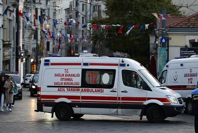 An ambulance rides in Istiklal in Istanbul, on November 13, 2022. (AFP)