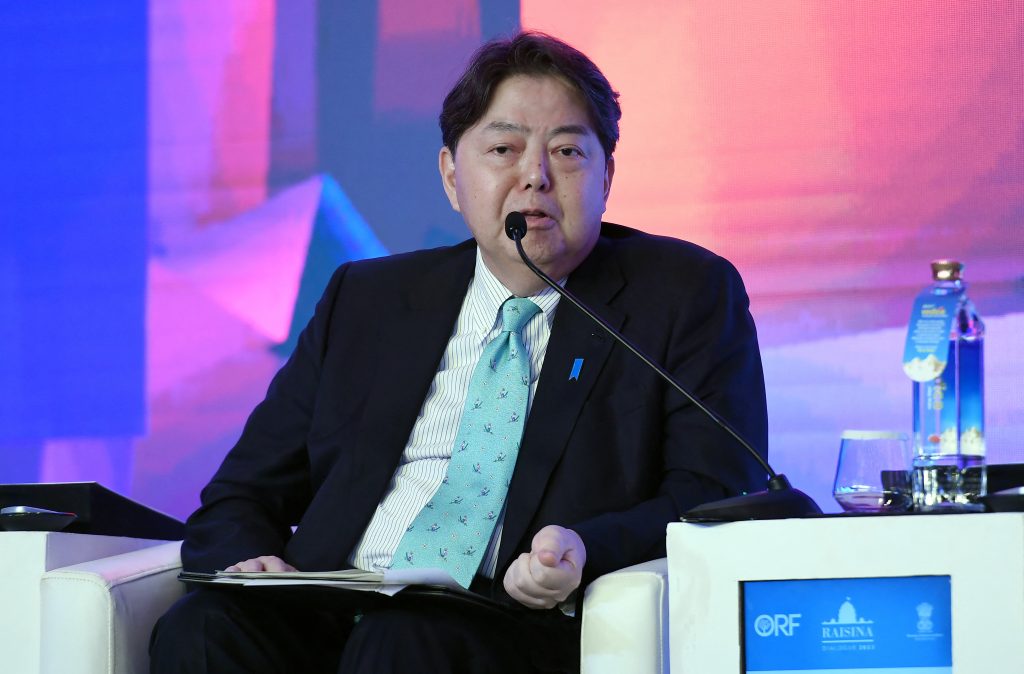 Japanese Foreign Minister Yoshimasa Hayashi speaks during a Quad Ministers’ panel at the Taj Palace Hotel in New Delhi on March 3, 2023. (AFP)