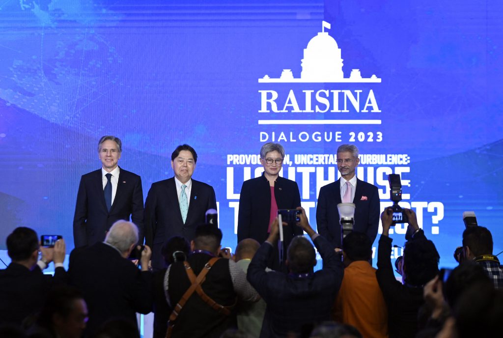 (L-R) US Secretary of State Antony Blinken, Japanese Foreign Minister Yoshimasa Hayashi, Australian Foreign Minister Penny Wong and Indian Foreign Minister Subrahmanyam Jaishankar attend a Quad Ministers’ panel at the Taj Palace Hotel in New Delhi on March 3, 2023. (AFP)