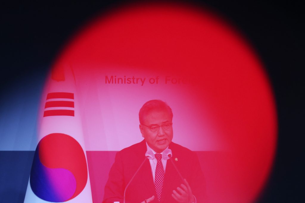 South Korean Foreign Minister Park Jin speaks during a briefing announcing a plan to resolve a dispute over compensating people forced to work under Japan's 1910-1945 occupation of Korea, at the Foreign Ministry in Seoul on March 6, 2023. (AFP)