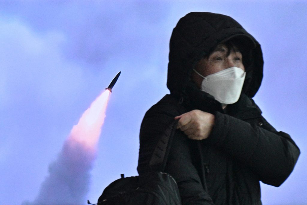 The missile fell in the waters between the Korean Peninsula and Japan after being launched on a steep trajectory, apparently to avoid neighboring countries. (AFP)