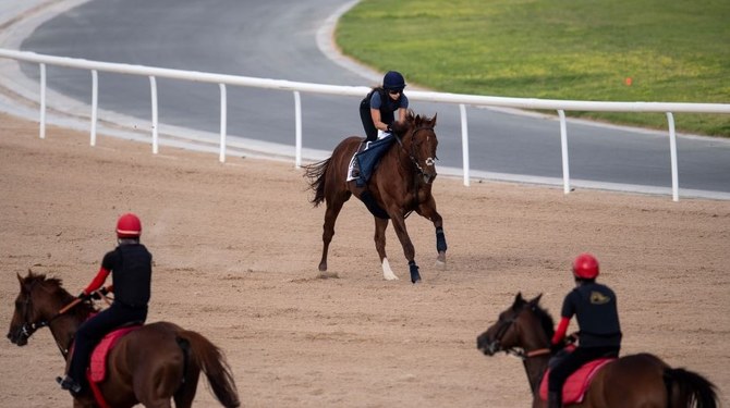Dubai World Cup hopeful Algiers gallops past returning horses at Meydan racecourse, Dubai, UAE, Mar. 23, 2023. (AP Photo)