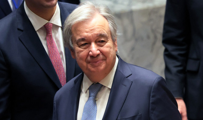 UN Secretary-General António Guterres at a Security Council meeting concerning the war in Ukraine on February 24, 2023. (AFP/File)