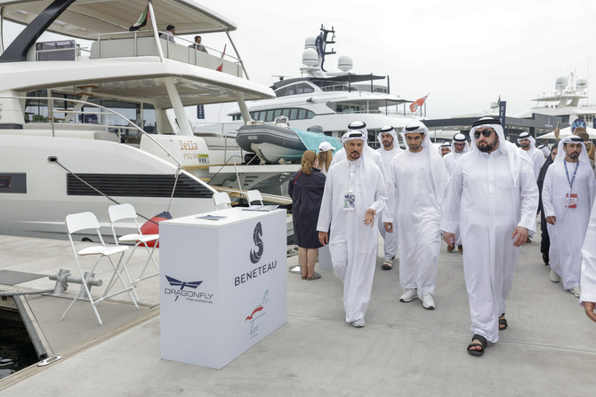 Sheikh Ahmed bin Mohammed Al-Maktoum, the chair of Dubai Media Council, touring the boat show. (WAM)