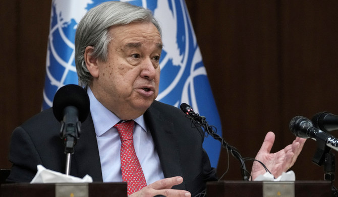 United Nations Secretary-General Antonio Guterres speaks to reporters during a news conference, in Baghdad, Iraq, Wednesday, March 1, 2023. (AP)