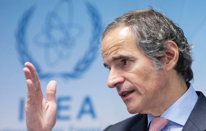 Rafael Grossi, Director General of the International Atomic Energy Agency (IAEA), speaks to journalists after the IAEA's Board of Governors' meeting at the agency's headquarters in Vienna, Austria on March 6, 2023. (AFP)