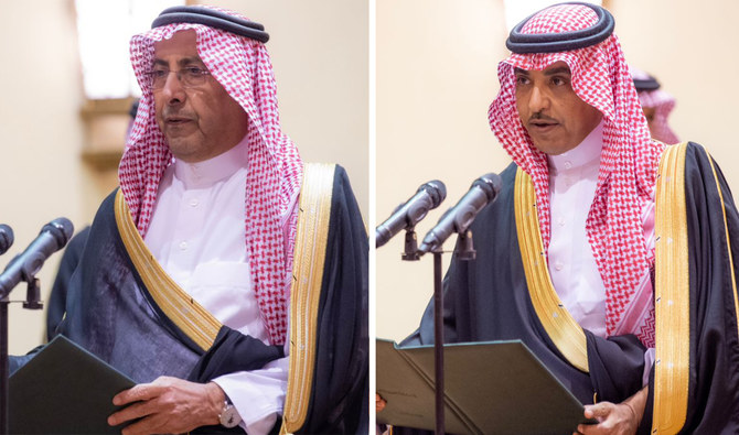 State minister and member of the Cabinet Ibrahim Al-Sultan (L) and media minister Salman Al-Dosari. (SPA)